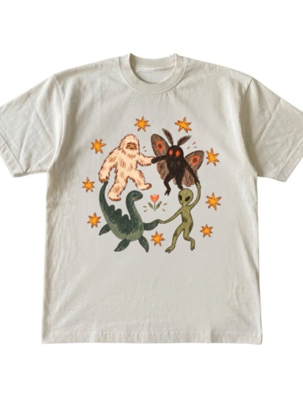Cream Tee with Monster, Moth, Nessie and Alien Graphic